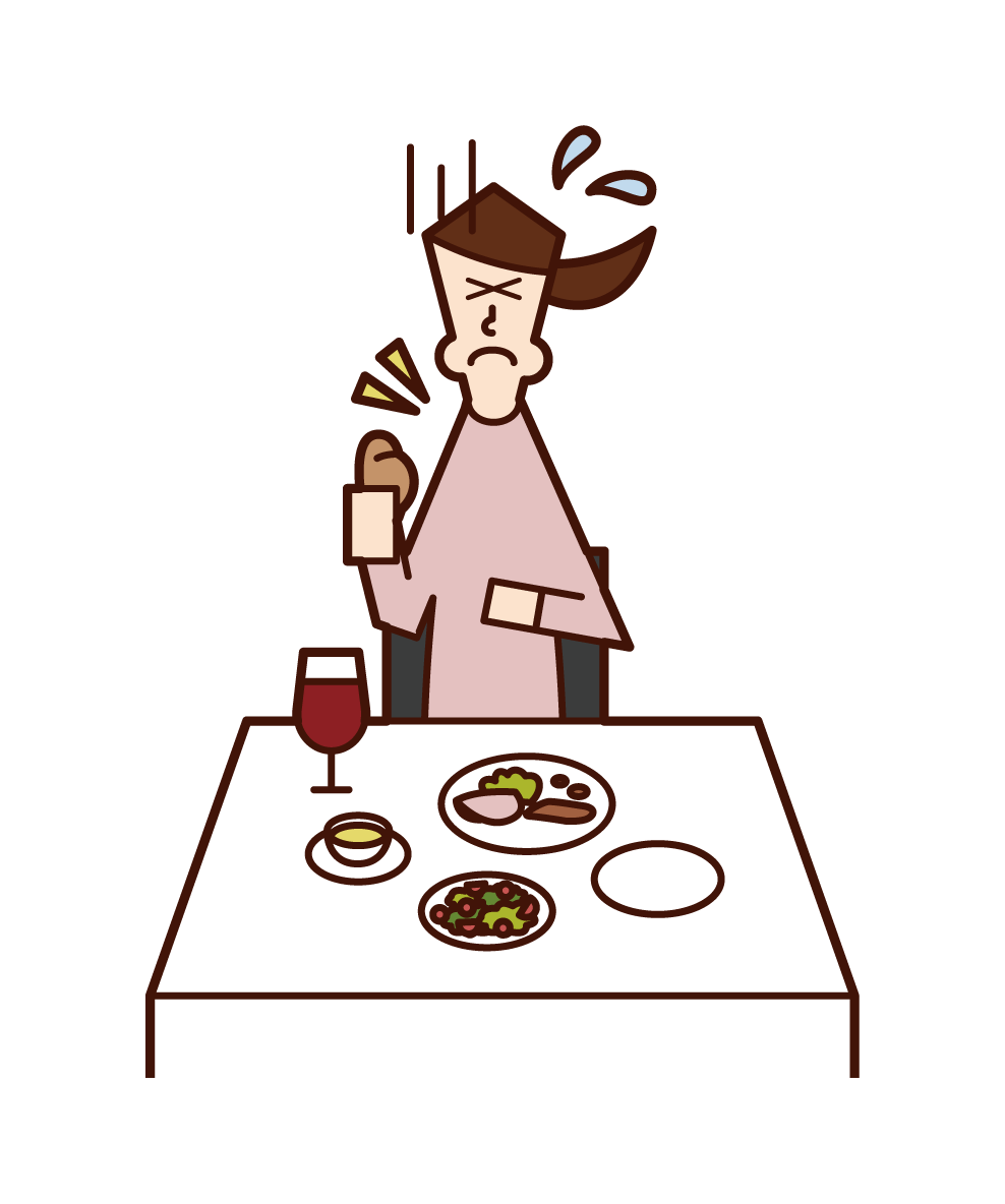 Illustration of a child (girl) using a smartphone during a meal