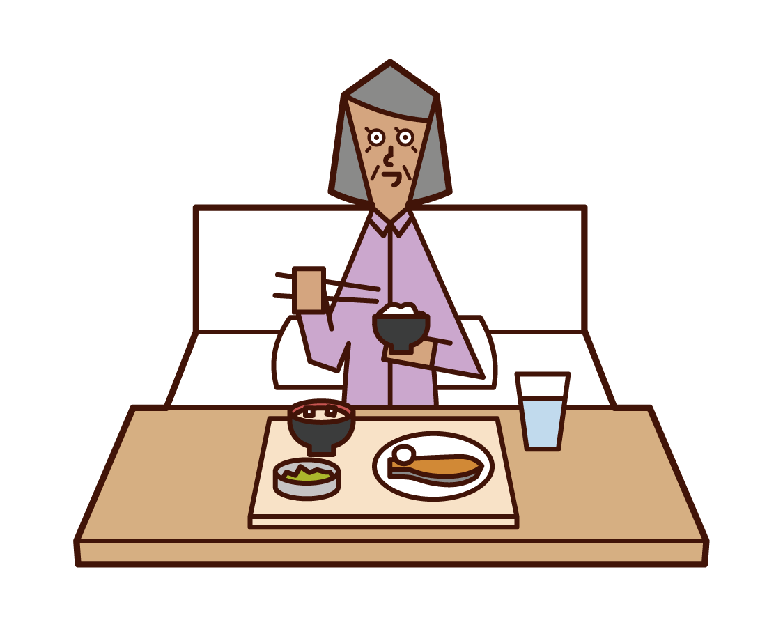 Illustration of an old man (woman) eating in a hospital