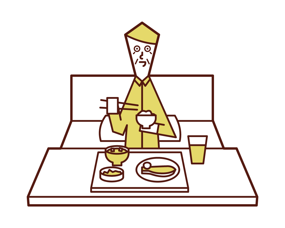 Illustration of an old man eating in a hospital