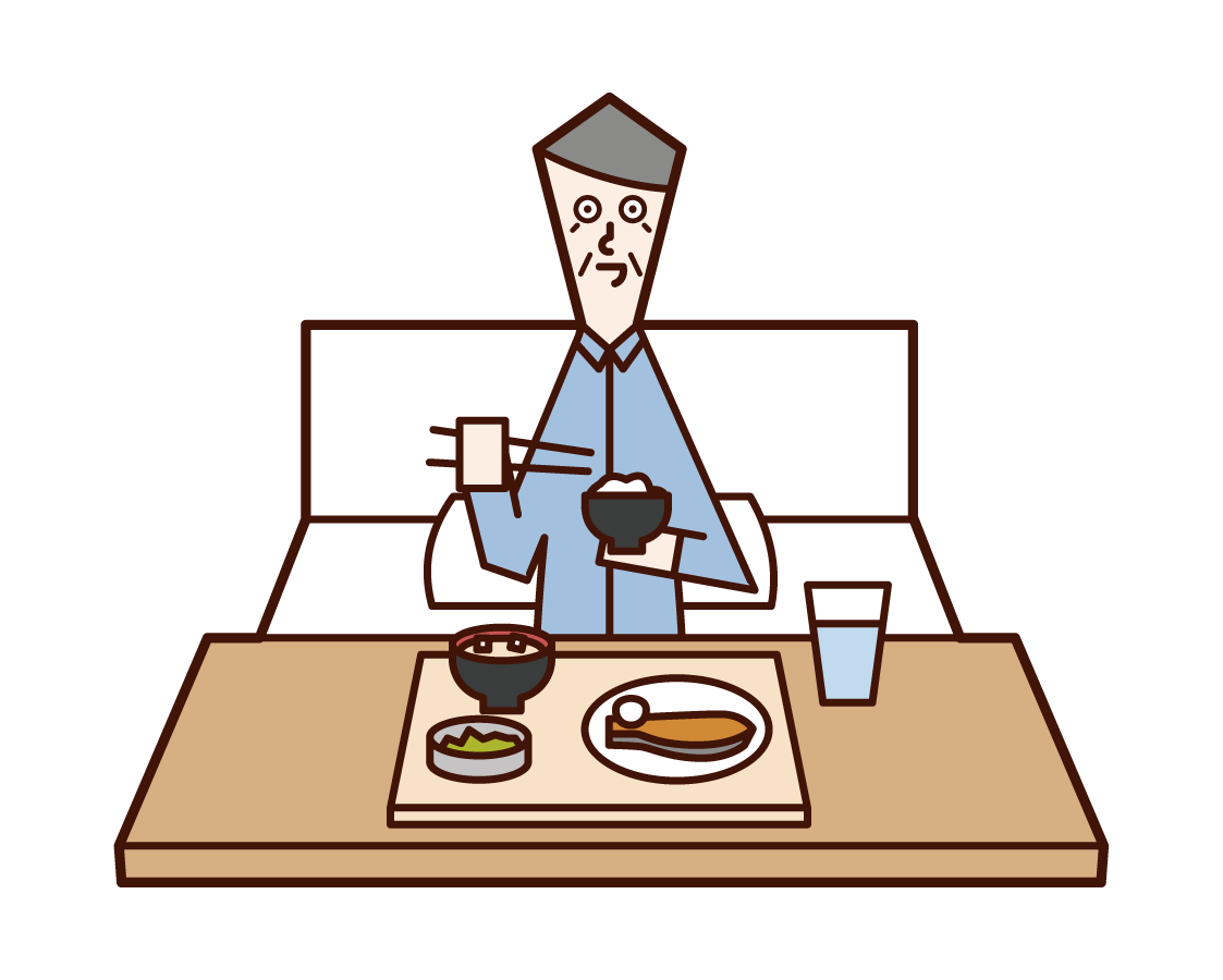 Illustration of an old man eating in a hospital