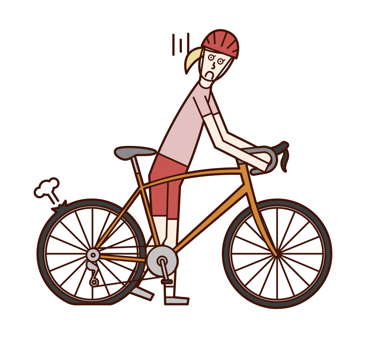 Illustration of a woman pushing a flat-hit bicycle