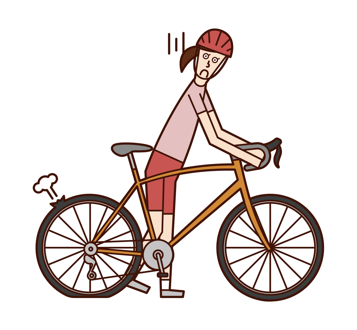 Illustration of a woman pushing a flat-hit bicycle