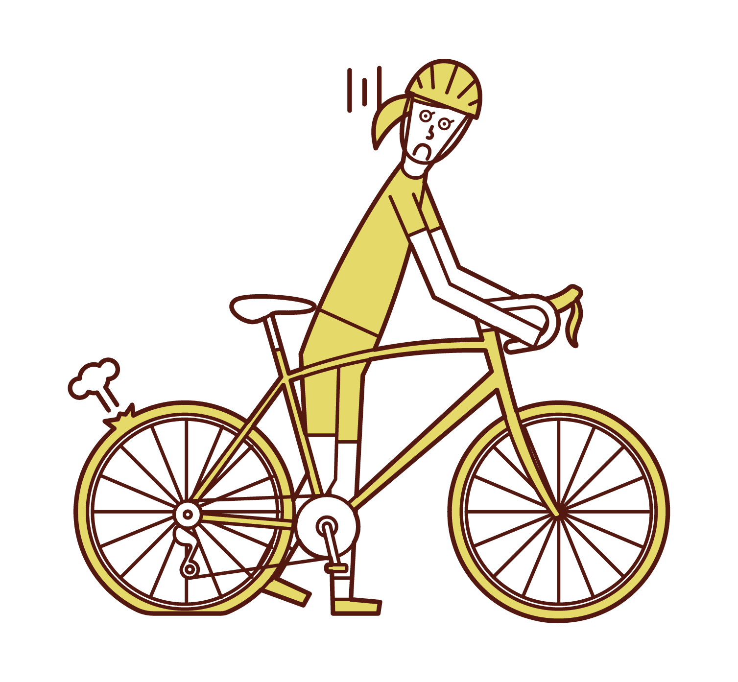 パンクした自転車を押す人（女性）のイラスト