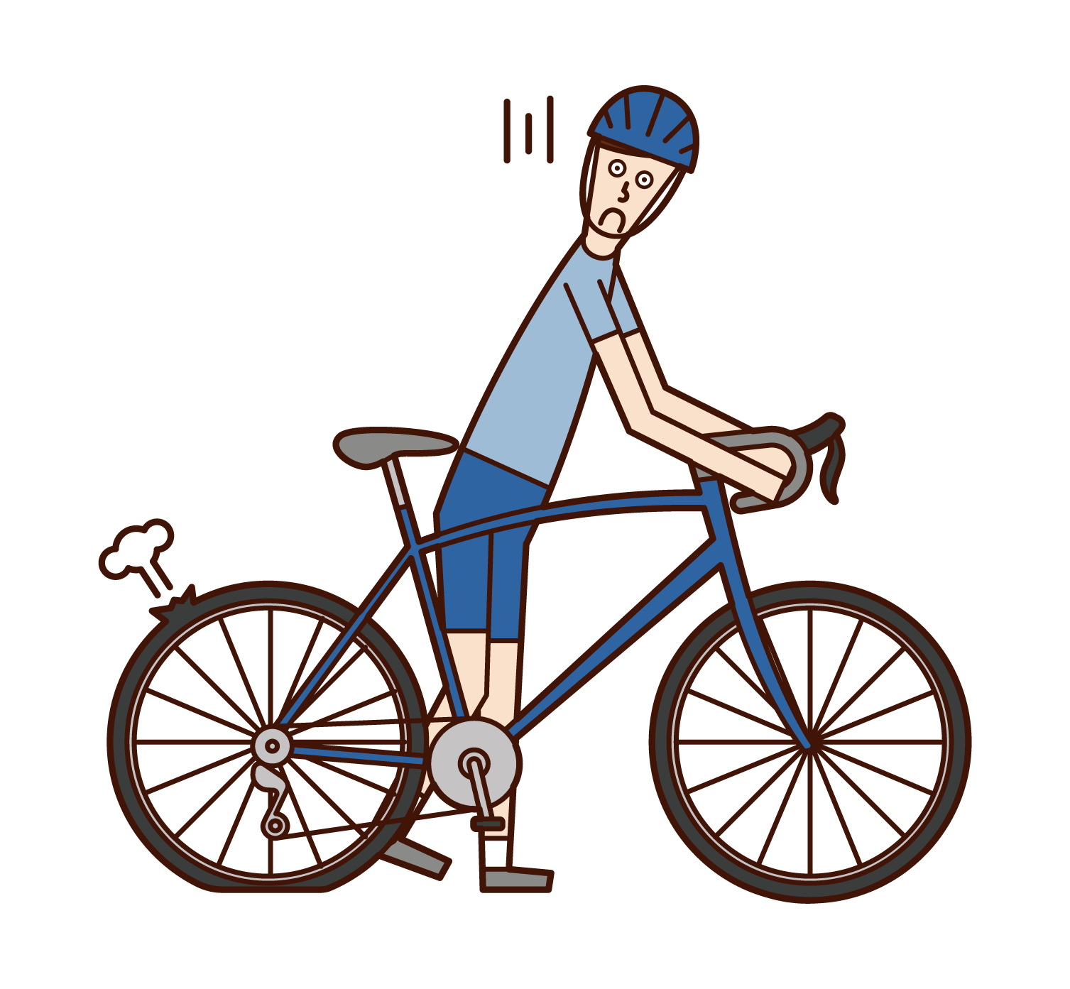 パンクした自転車を押す人（男性）のイラスト