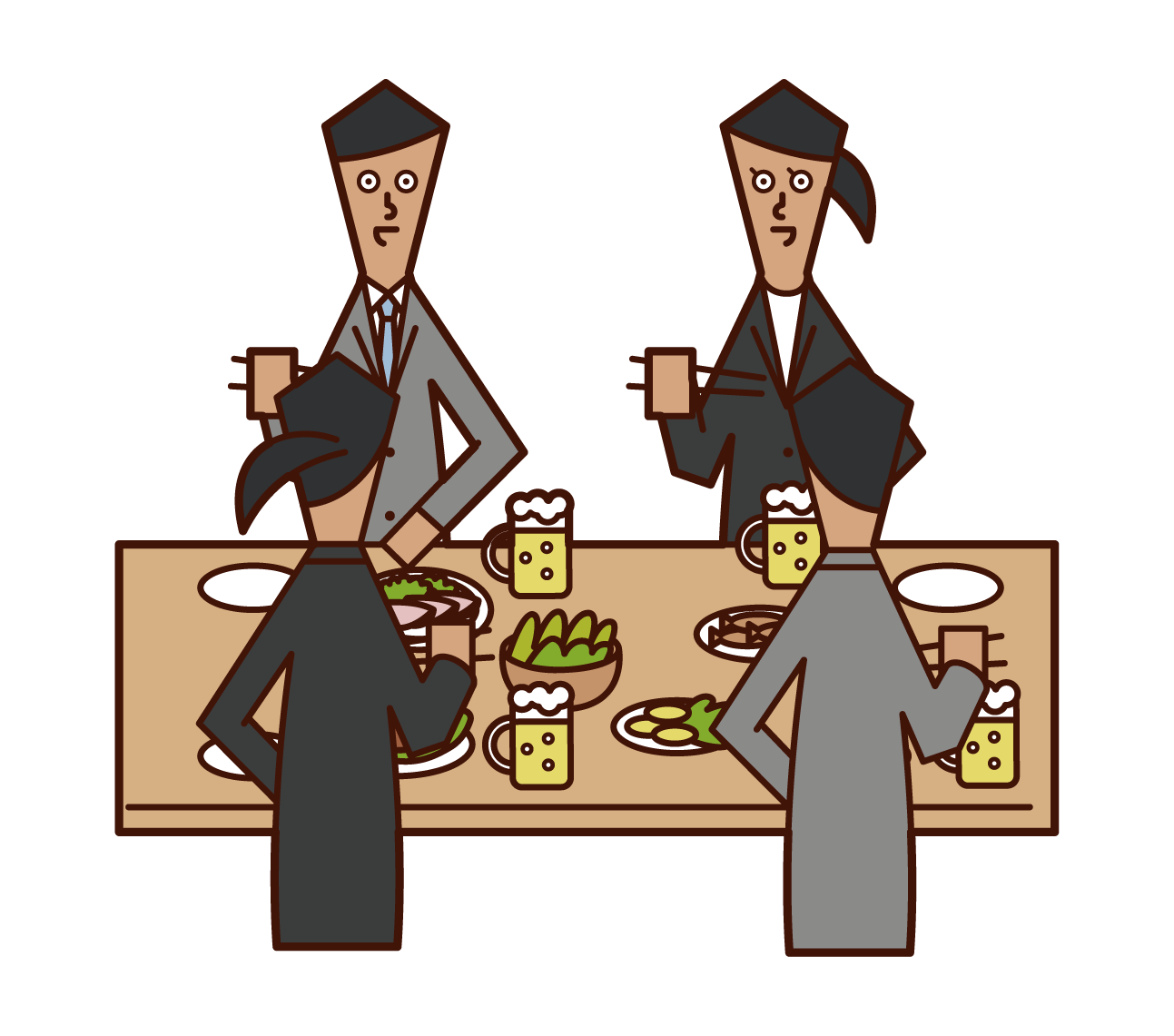Illustration of people (men and women) enjoying a meal at a drinking party