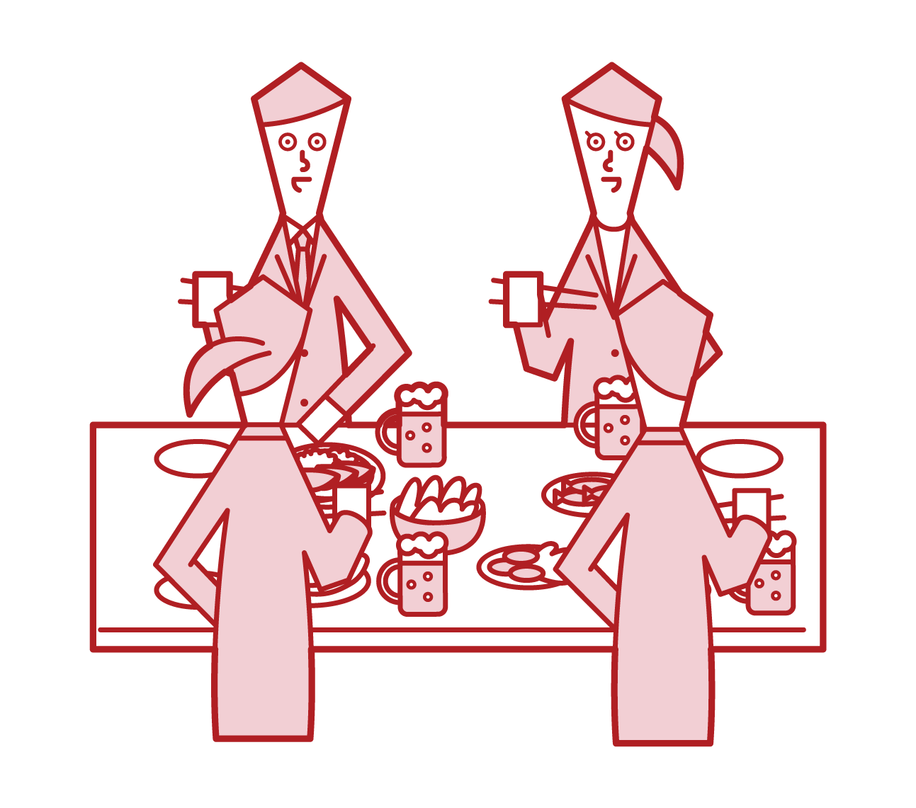 Illustration of people (men and women) enjoying a meal at a drinking party