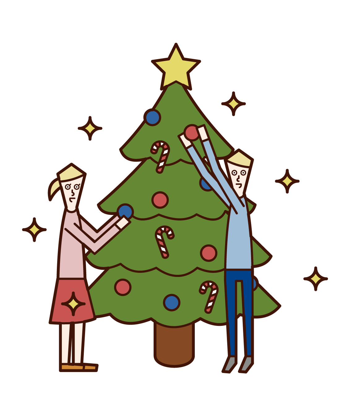 Illustrations of children (men and women) enjoying Christmas tree decorations