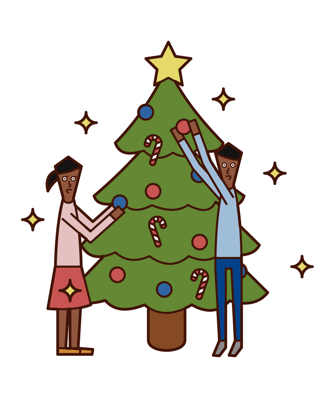 クリスマスツリーの飾り付けを楽しむ子供たち（男女）のイラスト