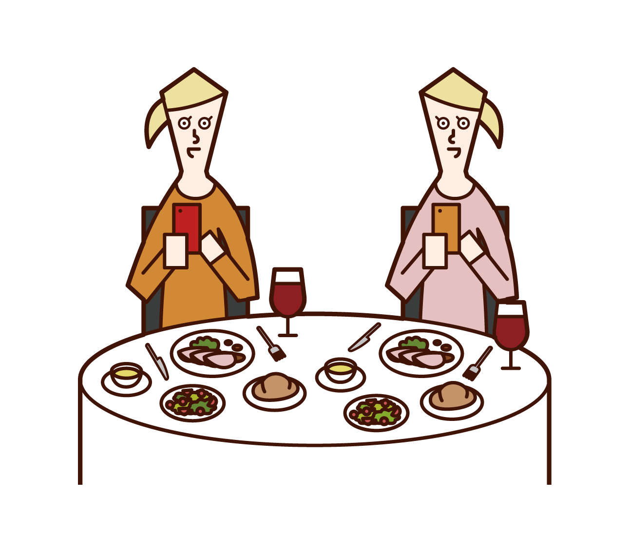 Illustration of people (women) taking pictures of food in restaurants