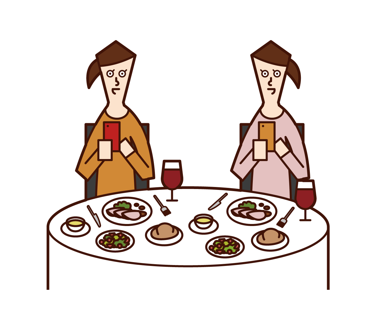 Illustration of people (women) taking pictures of food in restaurants