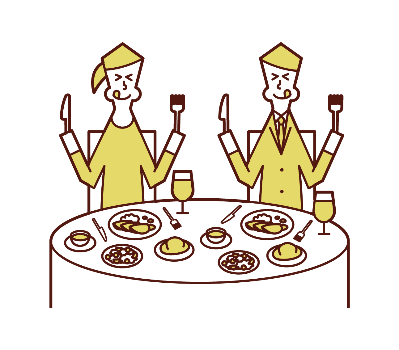 一對夫婦在餐館里吃美味的食物的插圖