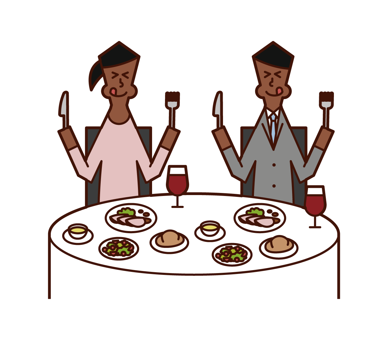 一對夫婦在餐館里吃美味的食物的插圖