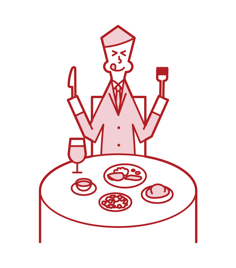 Illustration of a man eating deliciously in a restaurant