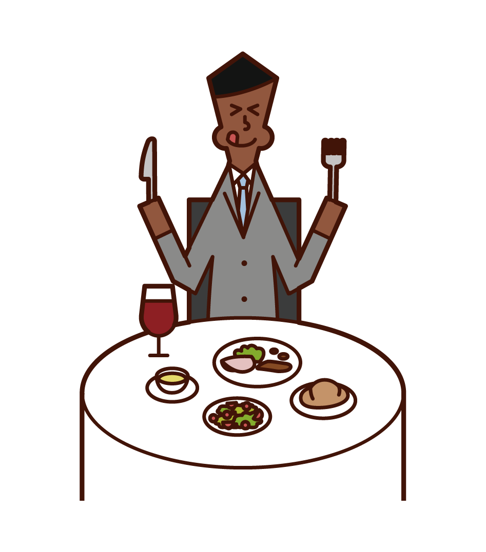 レストランで美味しそうに食事をする人（男性）のイラスト