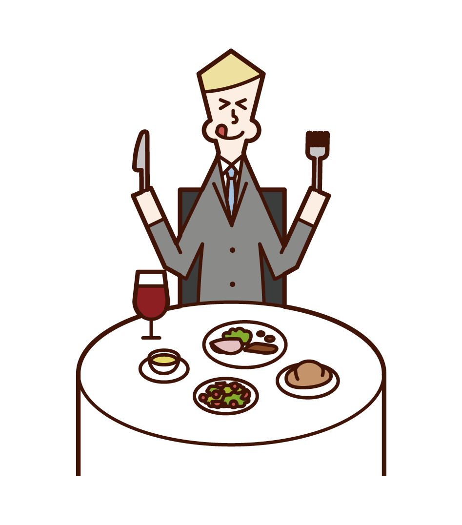 在餐廳享用美味食物的人（男性）的插圖