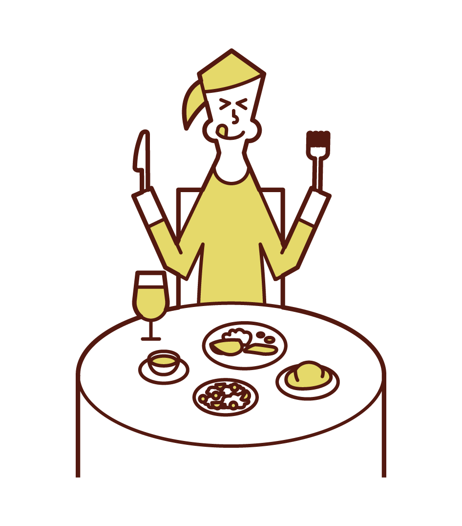 Illustration of a woman eating deliciously in a restaurant