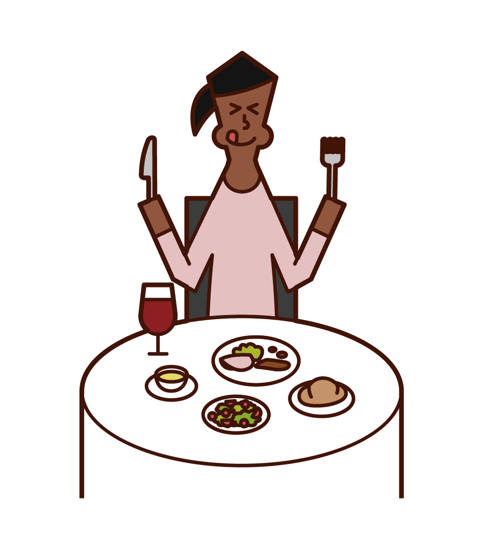在餐廳享用美味食物的人（女性）的插圖