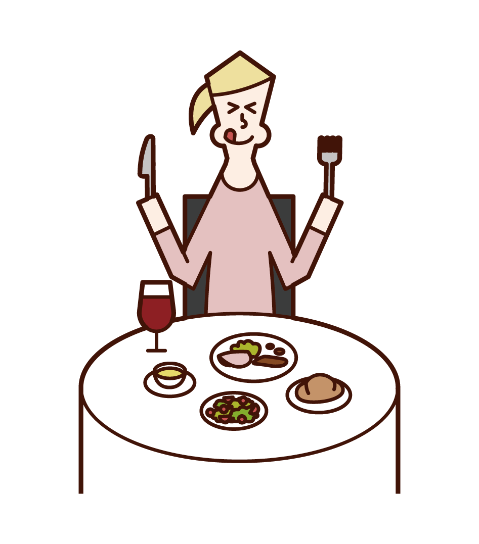 在餐廳享用美味食物的人（女性）的插圖