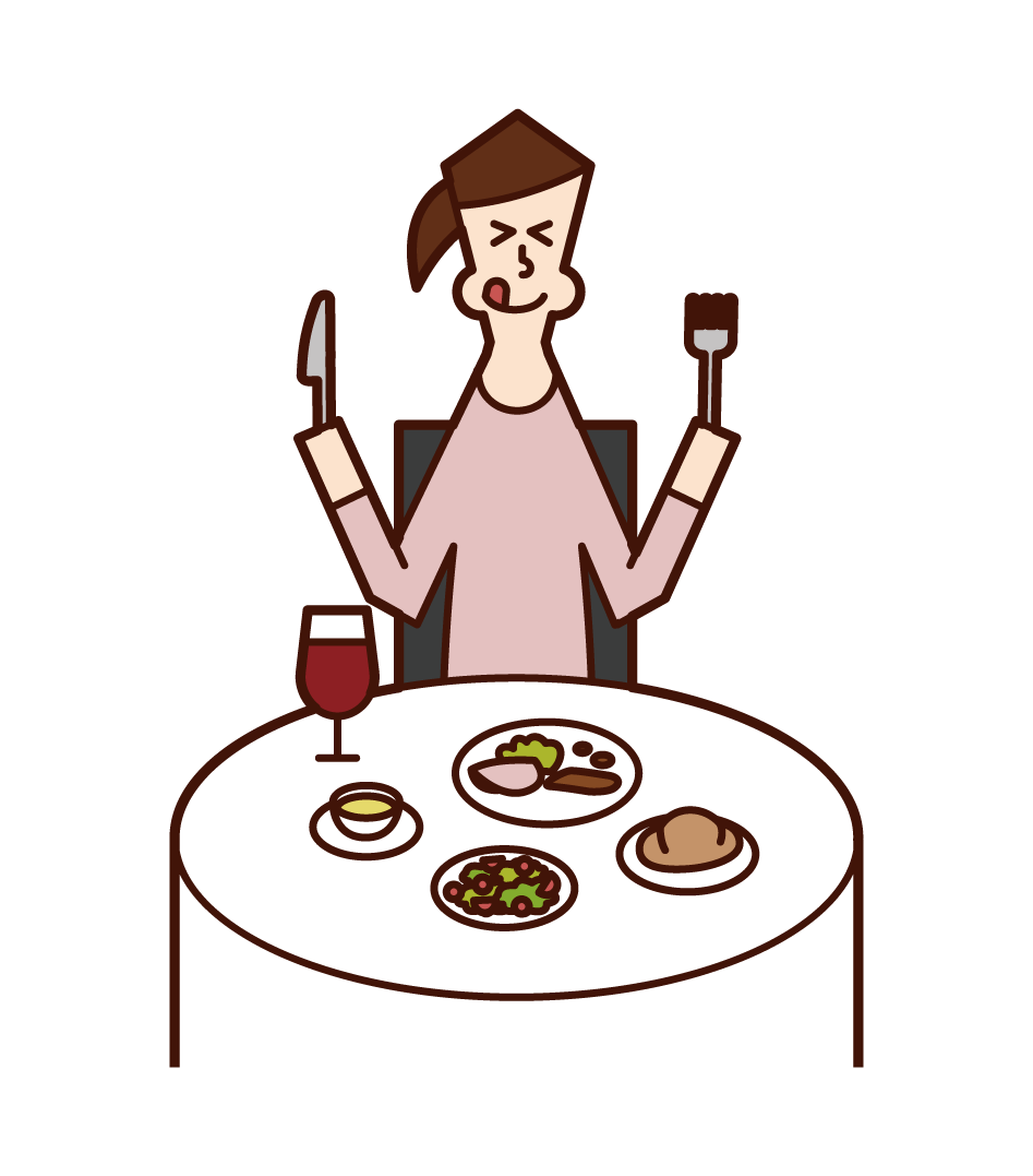 Illustration of a woman eating deliciously in a restaurant