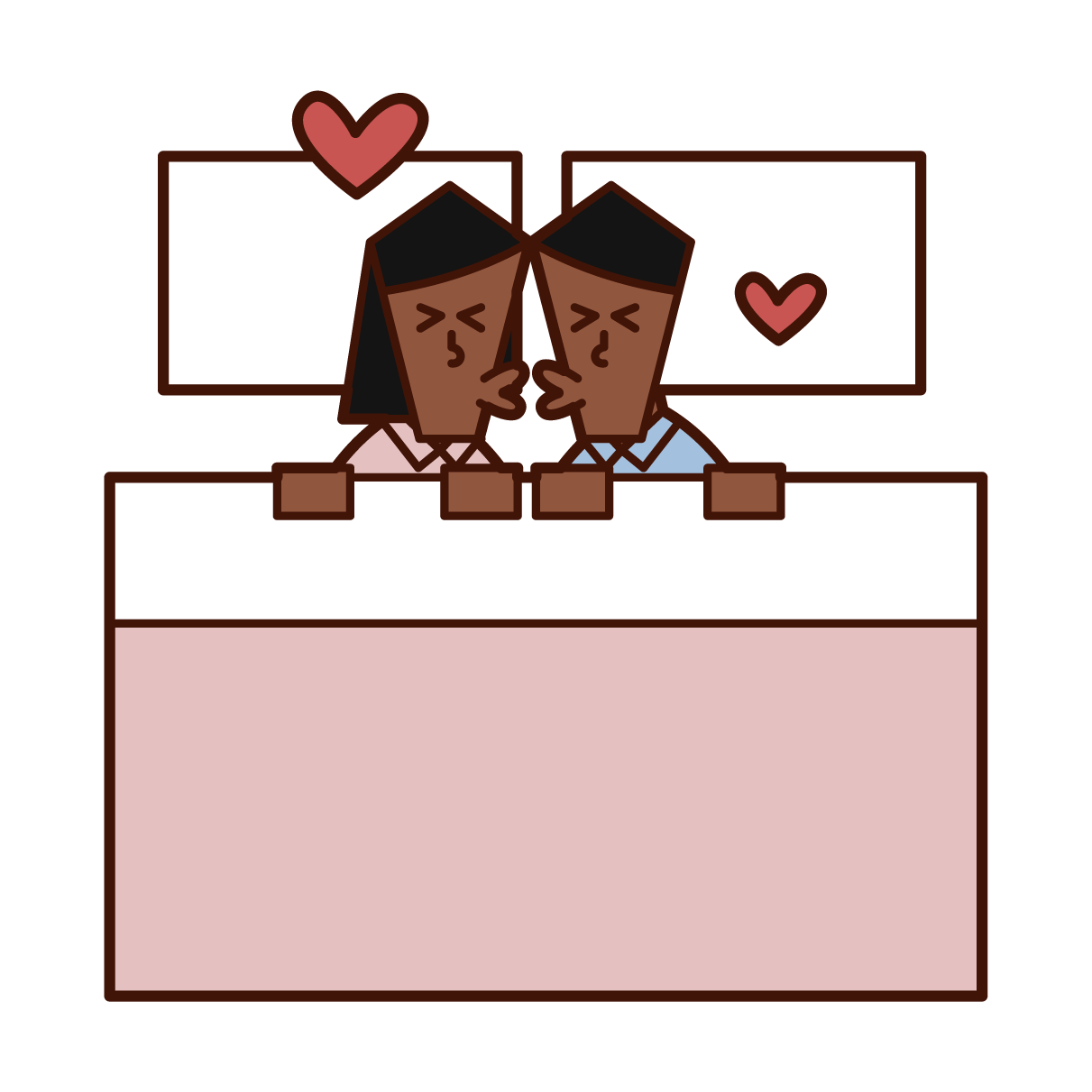 Illustration of a couple kissing in bed