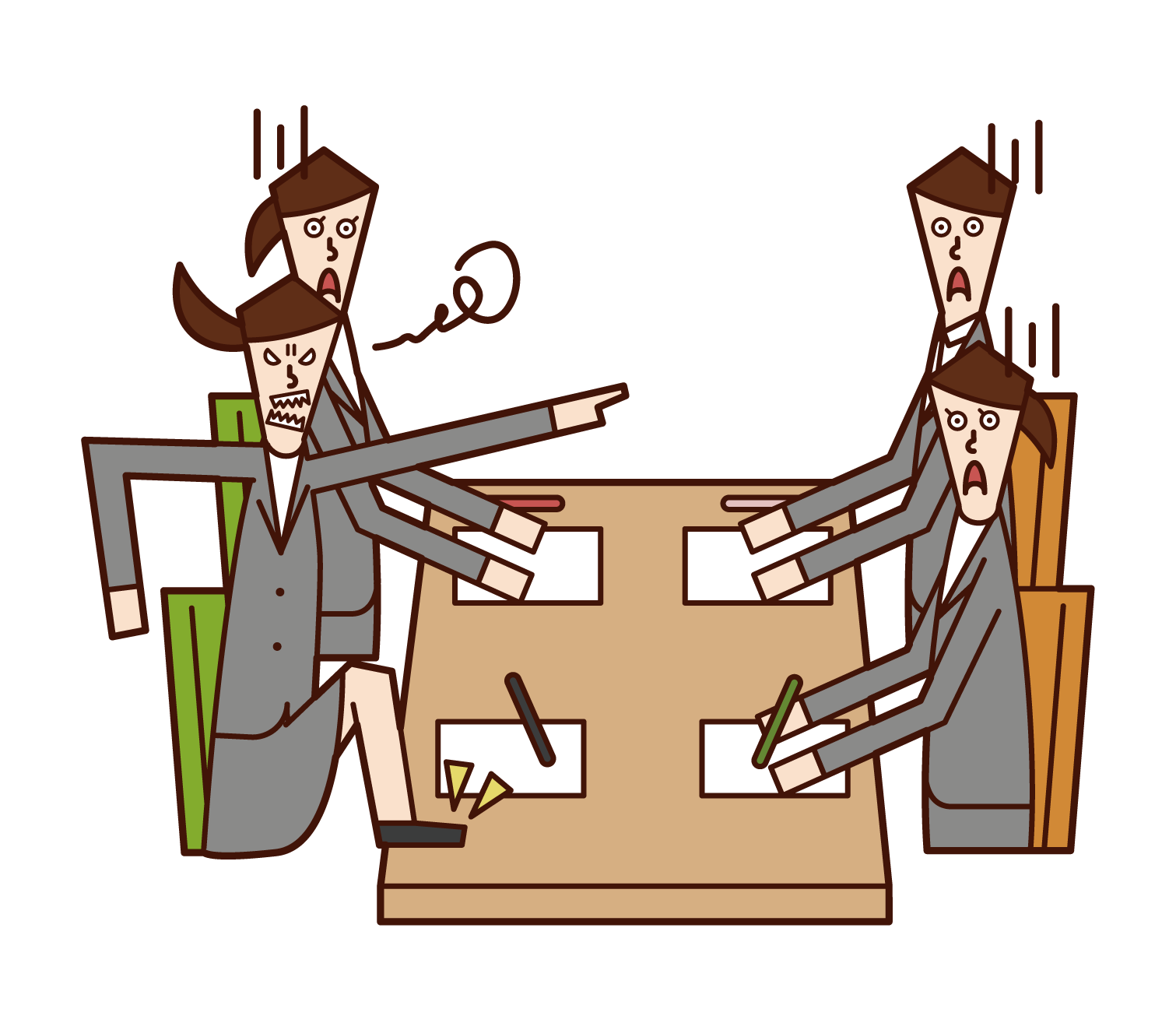 Illustrations of people fighting at a meeting