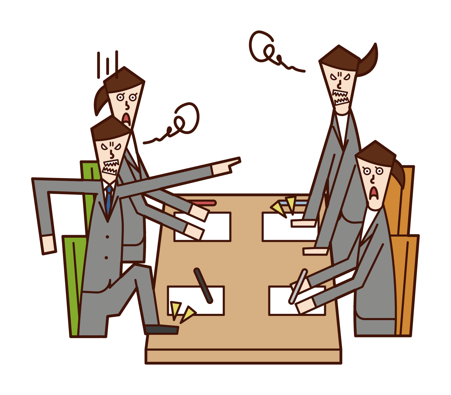 Illustrations of people fighting at a meeting