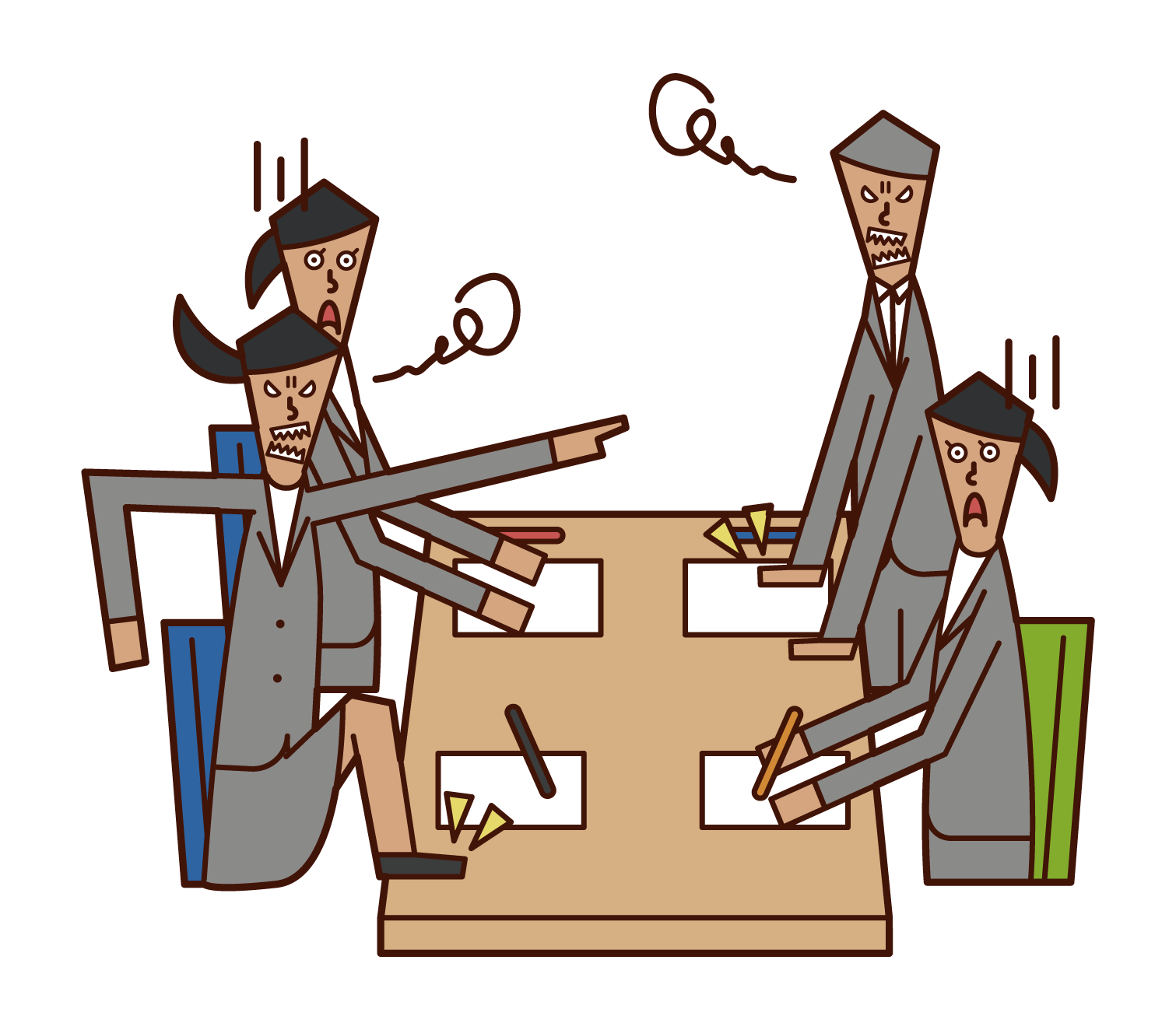 Illustrations of people fighting at a meeting