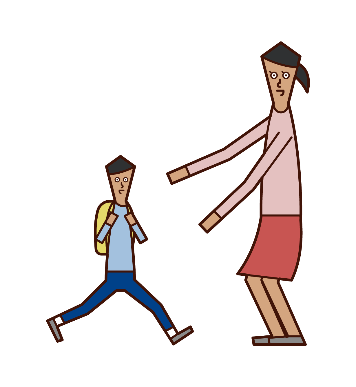 Illustration of a mother greeting her child (son)