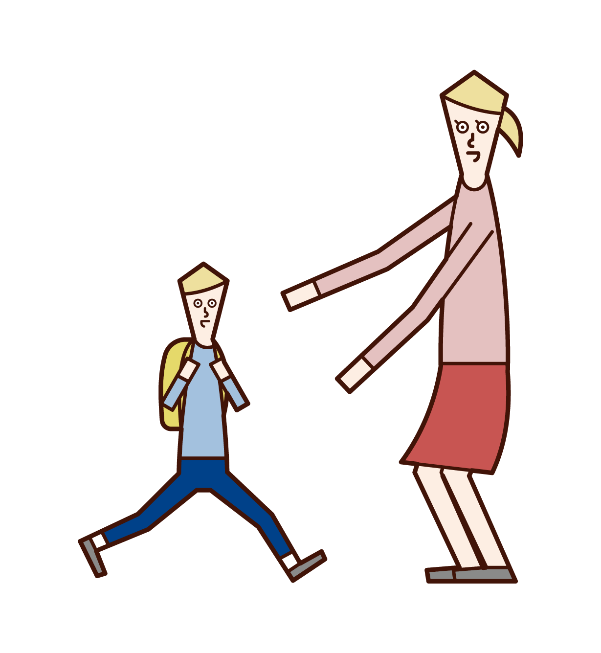 Illustration of a mother greeting her child (son)