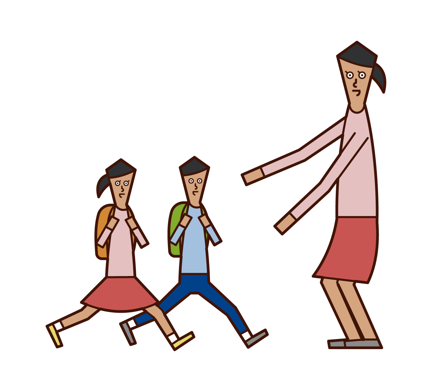Illustration of a mother greeting her children