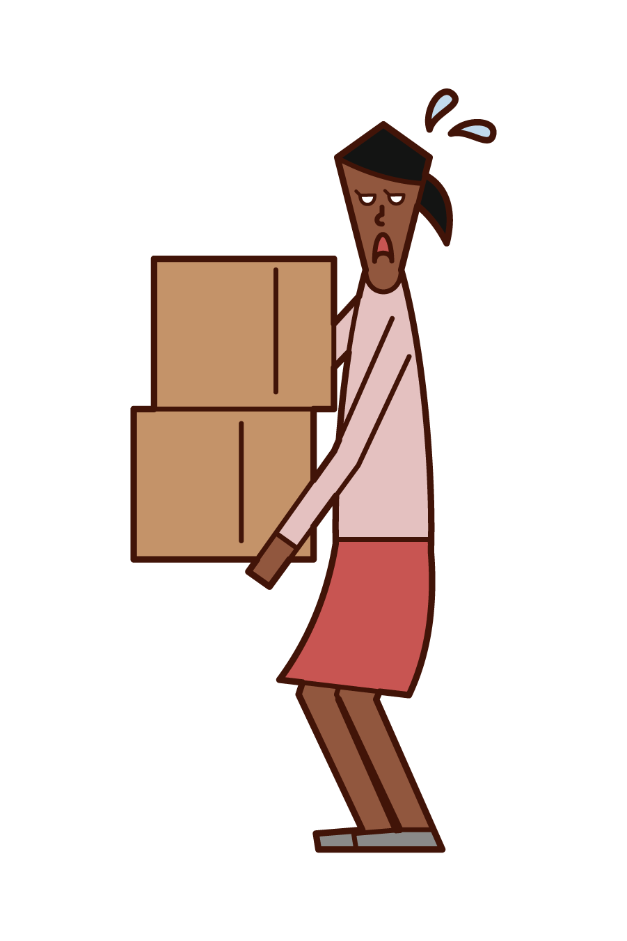 重い荷物を運ぶ人（女性）のイラスト