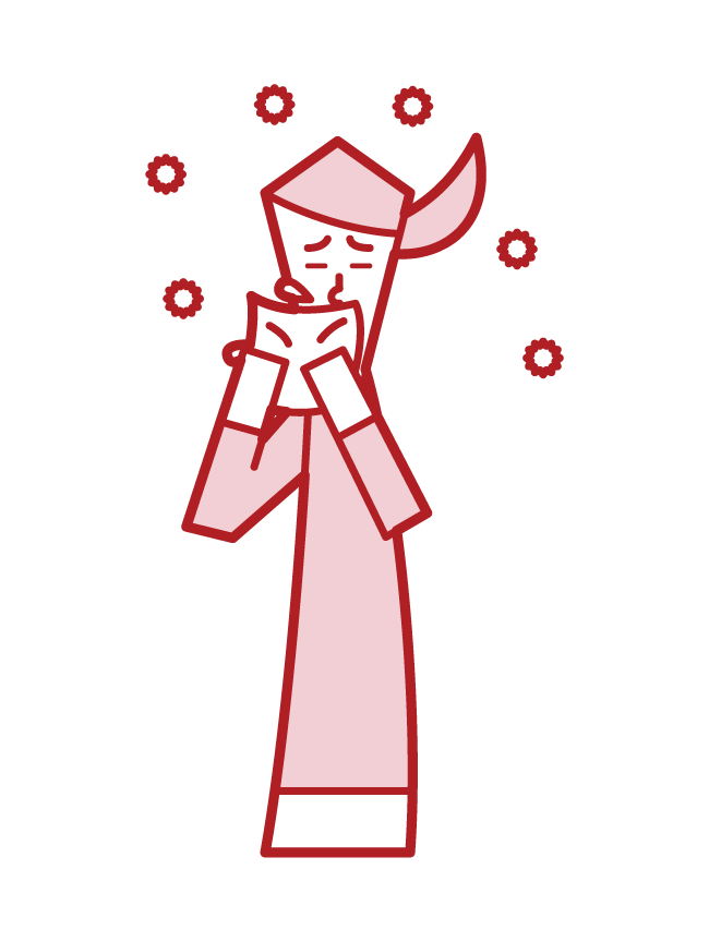 Illustration of a woman who suppresses sneezing with a handkerchief