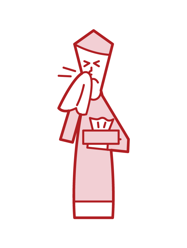 Illustration of a man who blows his nose with tissue paper