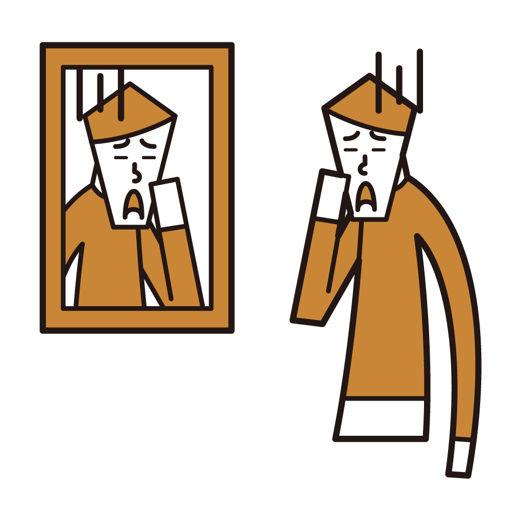 鏡で顔を見る人（男性）のイラスト