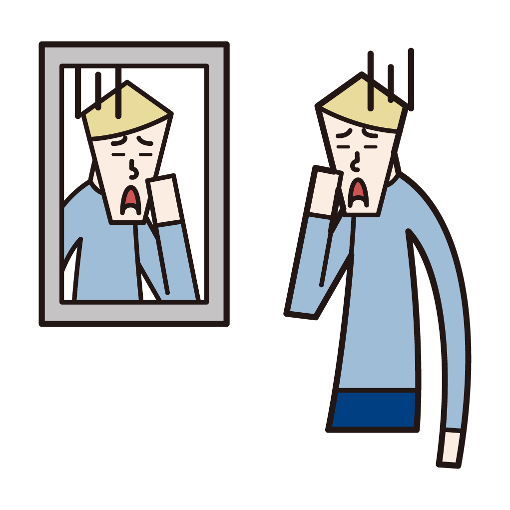 Illustration of a man looking at his face in the mirror