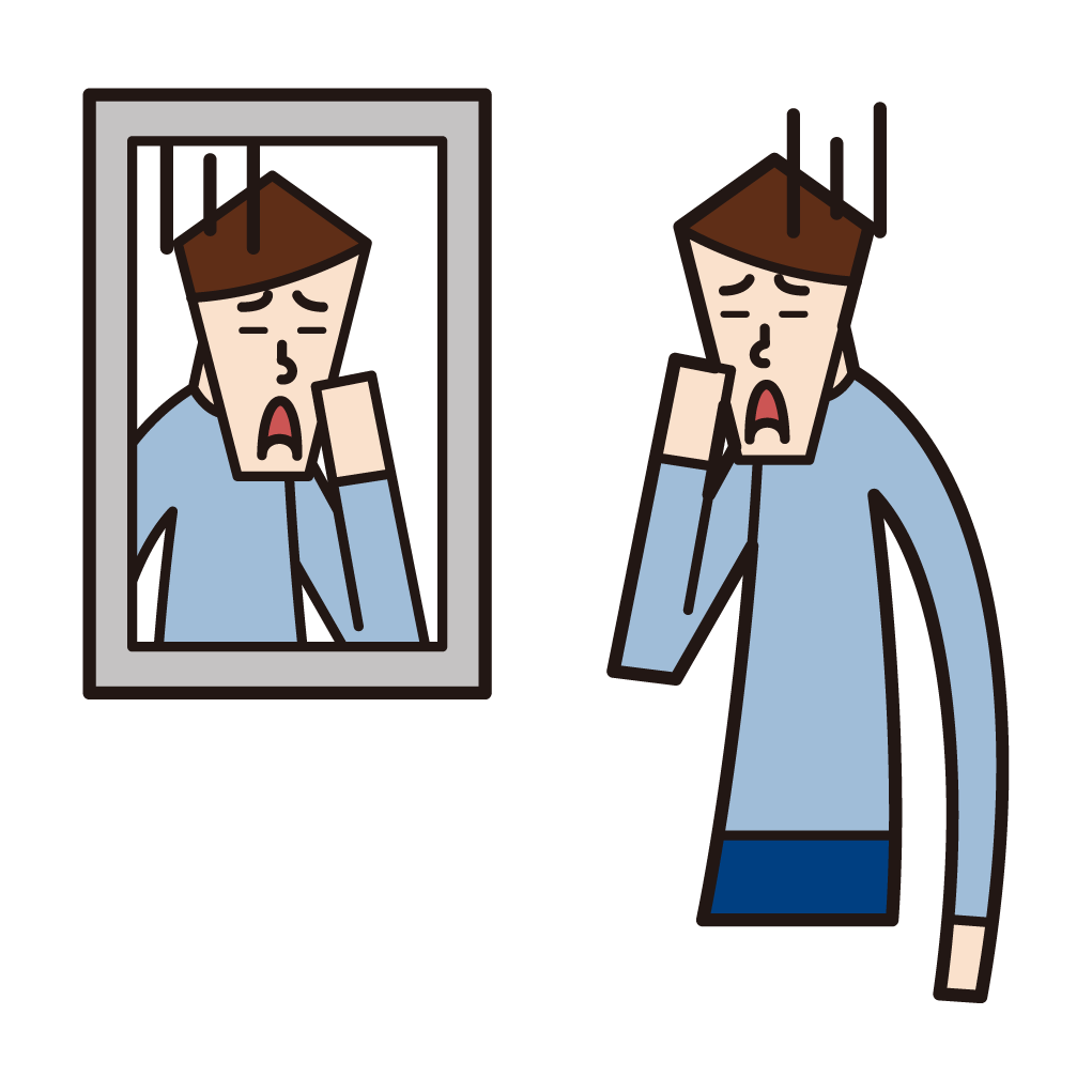 Illustration of a man looking at his face in the mirror