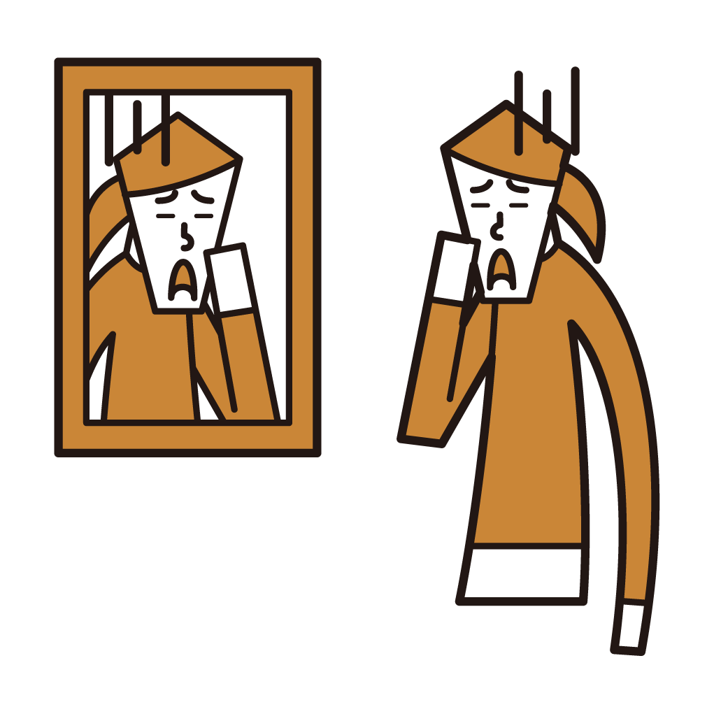 Illustration of a woman looking at her face in the mirror