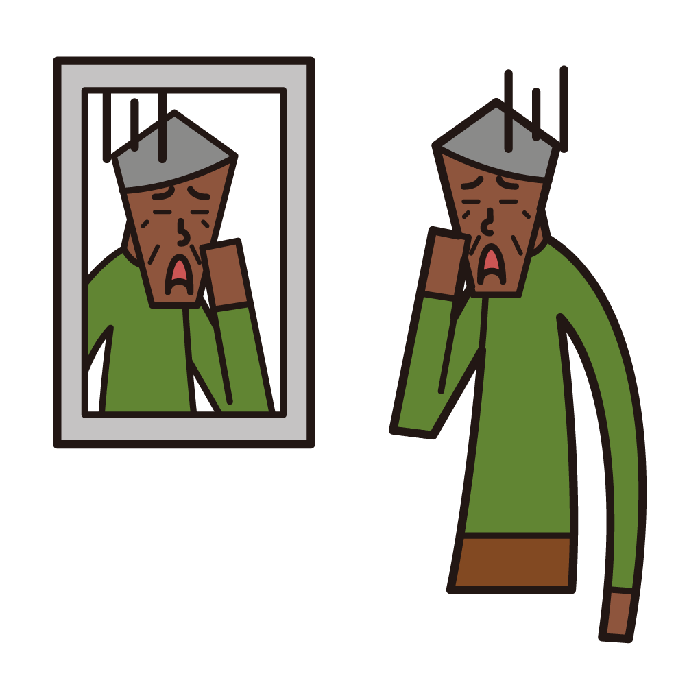 노인(남성)은 거울에 비친 얼굴의 일러스트를 본다
