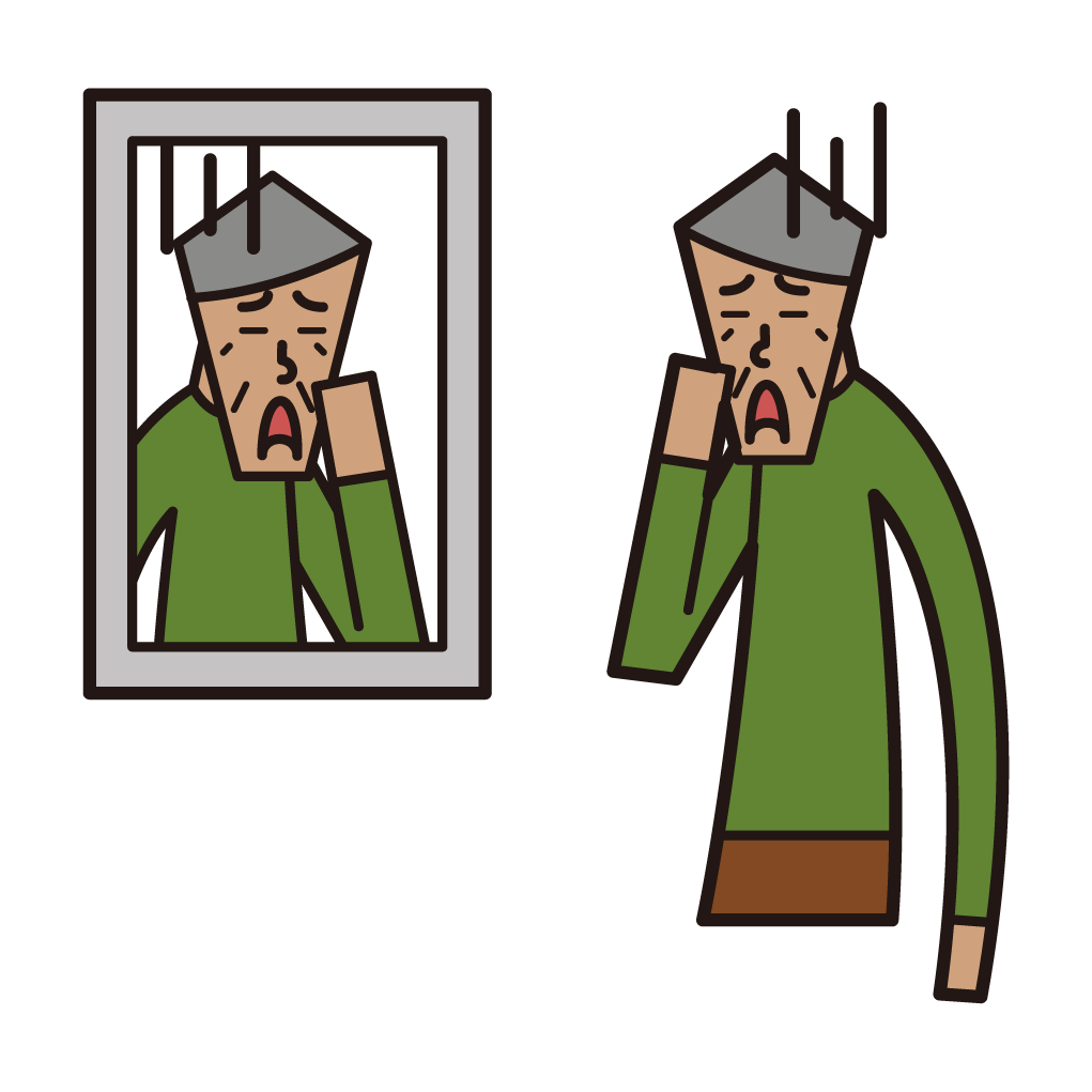 노인(남성)은 거울에 비친 얼굴의 일러스트를 본다