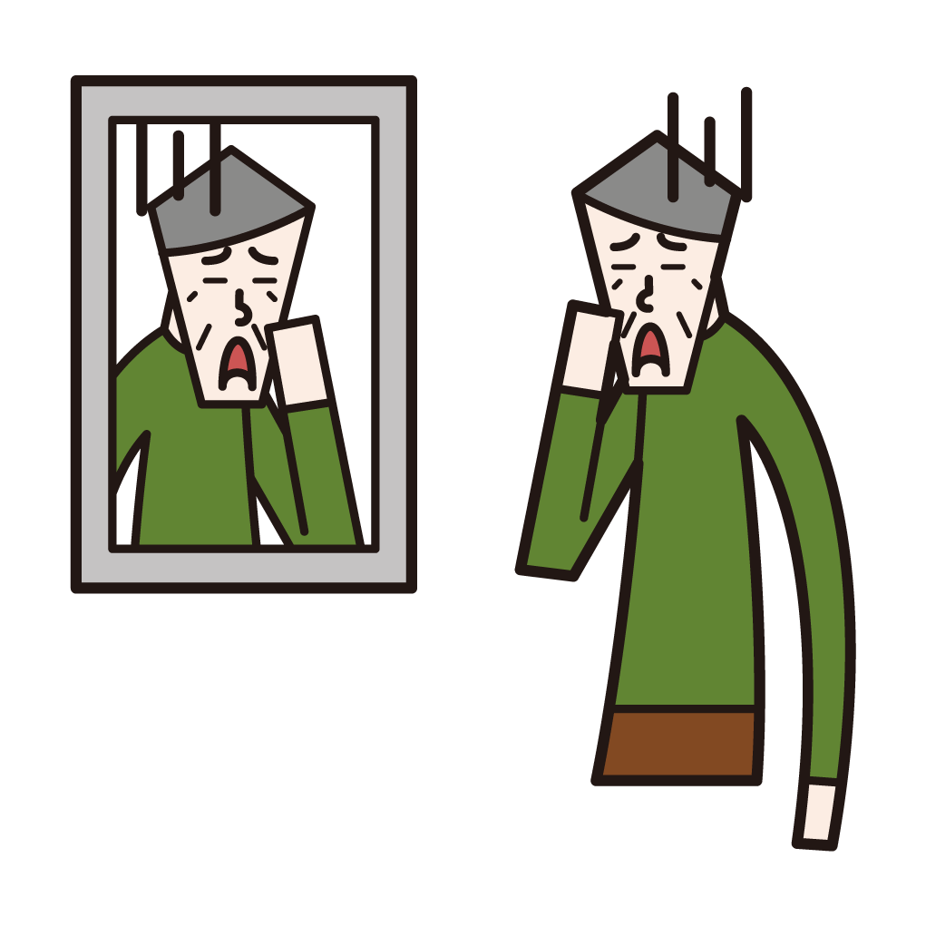 Illustration of an old man looking at his face in a mirror