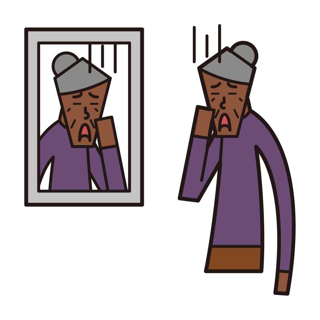 Illustration of an old man (woman) looking at her face in the mirror