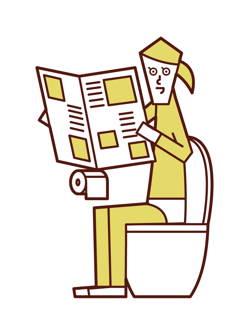 トイレで新聞を読む人（女性）のイラスト