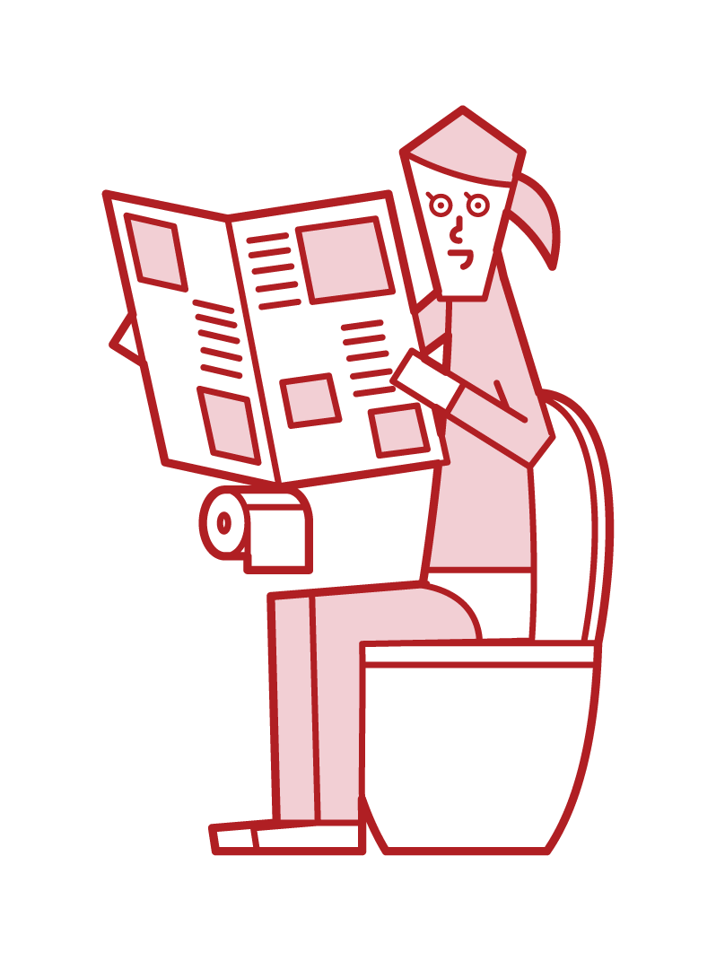 トイレで新聞を読む人（女性）のイラスト