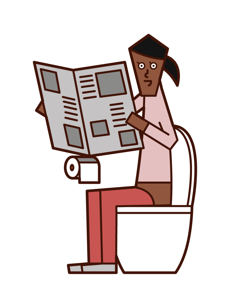 在廁所裡看報紙的人（女性）的插圖