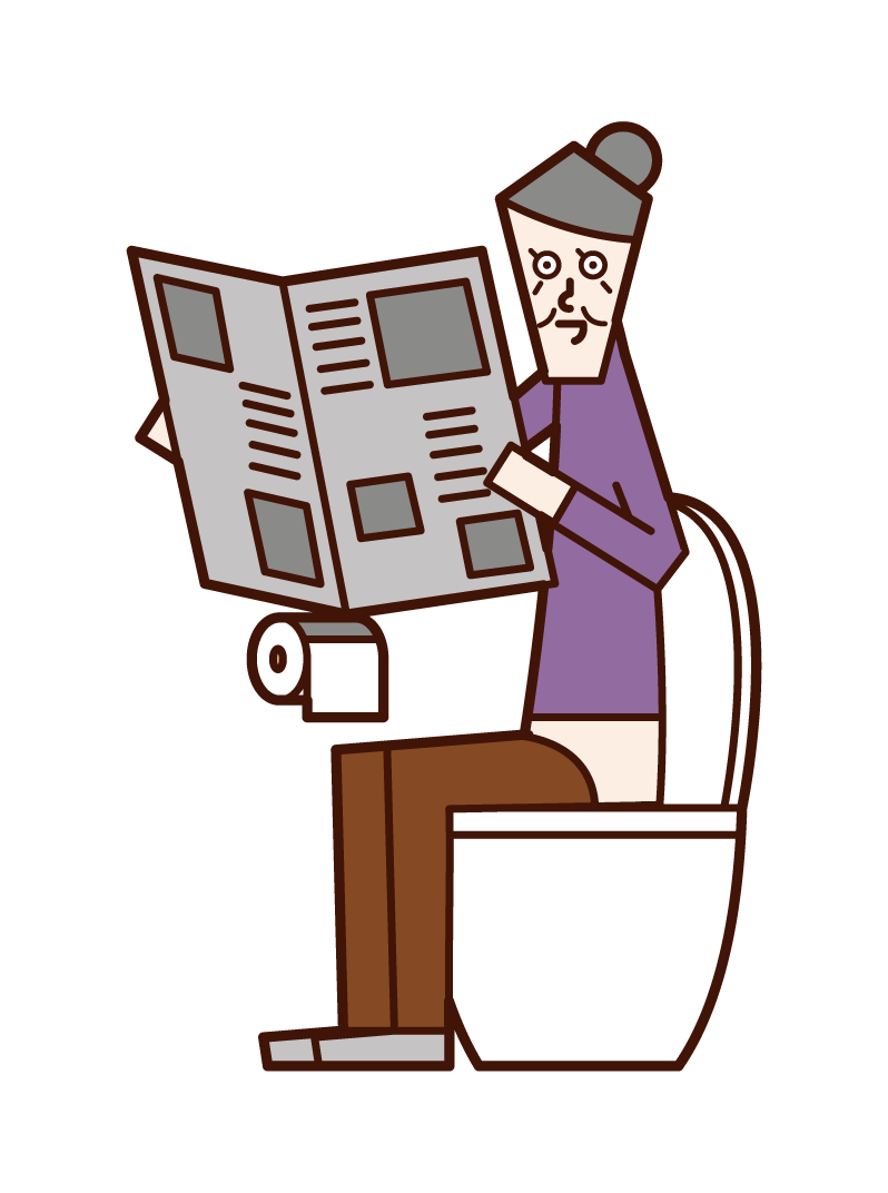 トイレで新聞を読む老人（女性）のイラスト