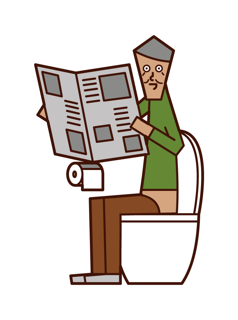 トイレで新聞を読む老人（男性）のイラスト