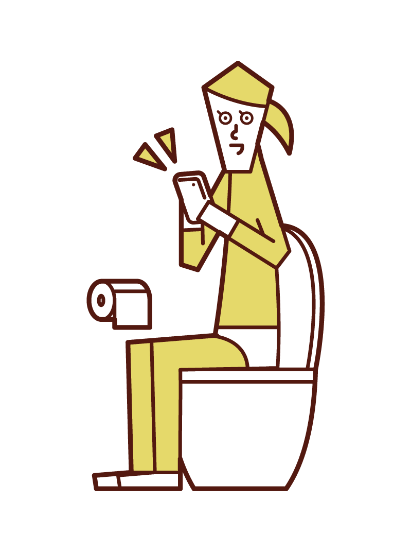 在廁所裡操作智能手機的人（女性）的插圖