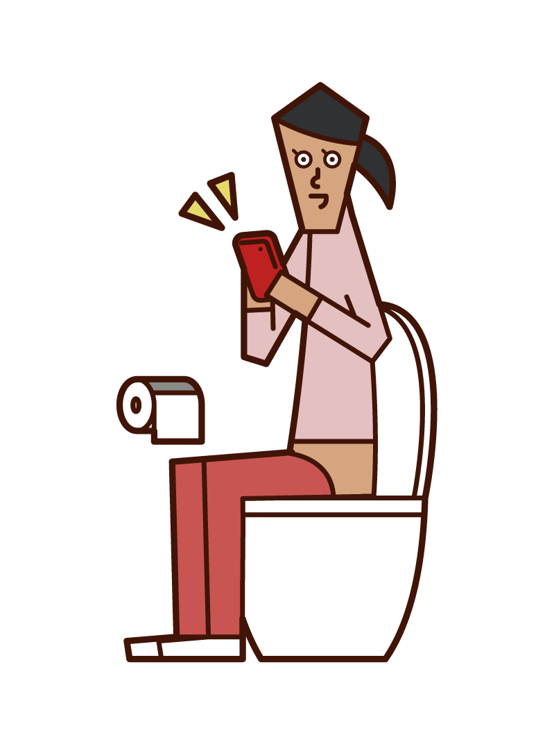 トイレでスマートフォンを操作する人（女性）のイラスト