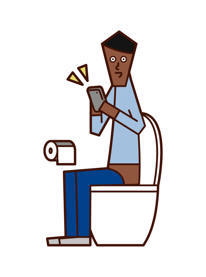 在廁所裡操作智能手機的人（男性）的插圖