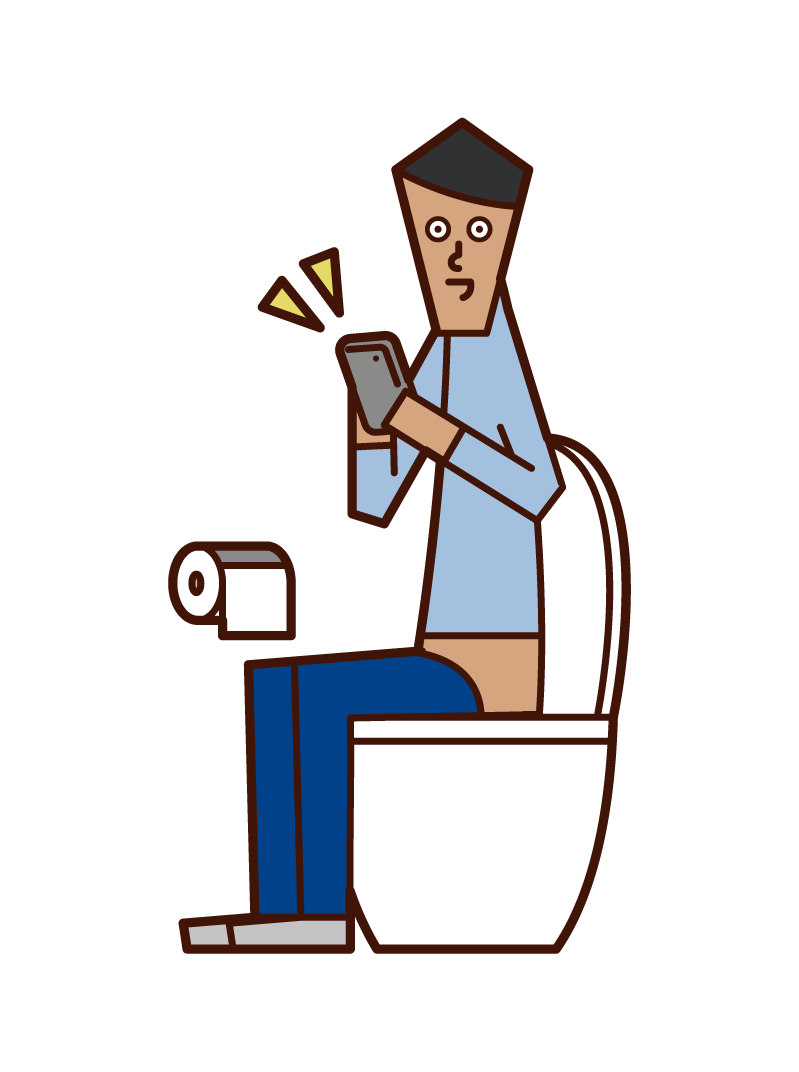 在廁所裡操作智能手機的人（男性）的插圖